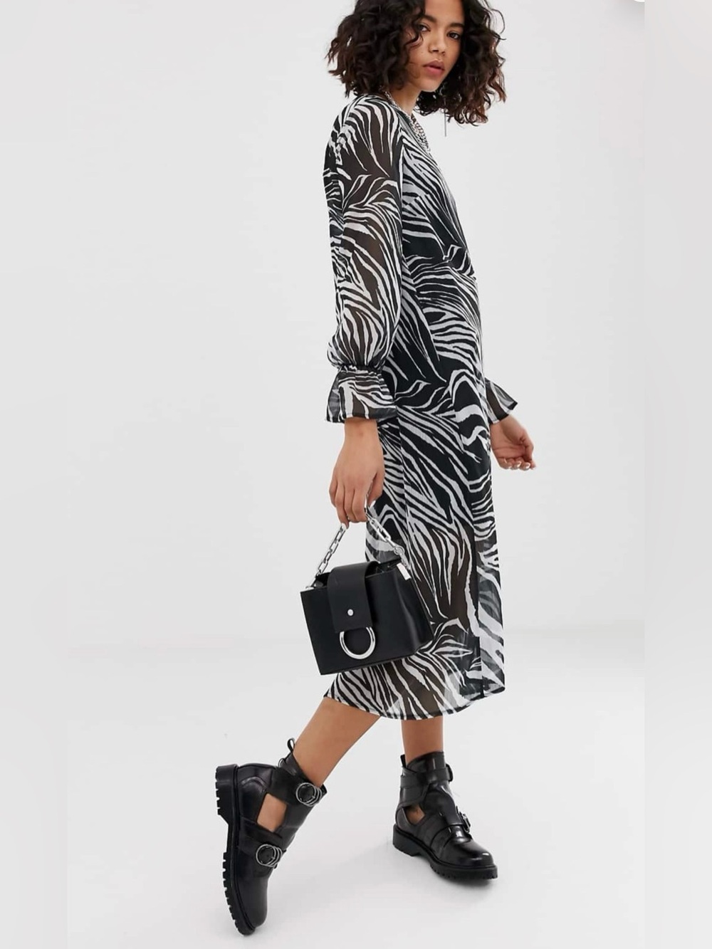 Black & White Zebra Print Sheer Long Sleeve Dress - Picture 2 of 10